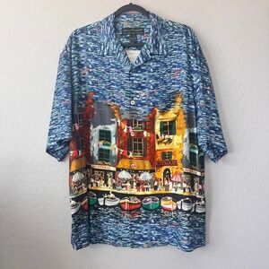 Guy Buffet Large Shirt Blue Short Sleeve Silk Italian Harbor Art Camp Collar